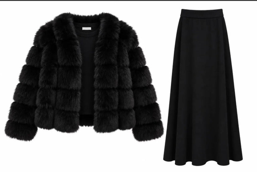 Faux Fur Coat, Knit Top and Maxi Skirt