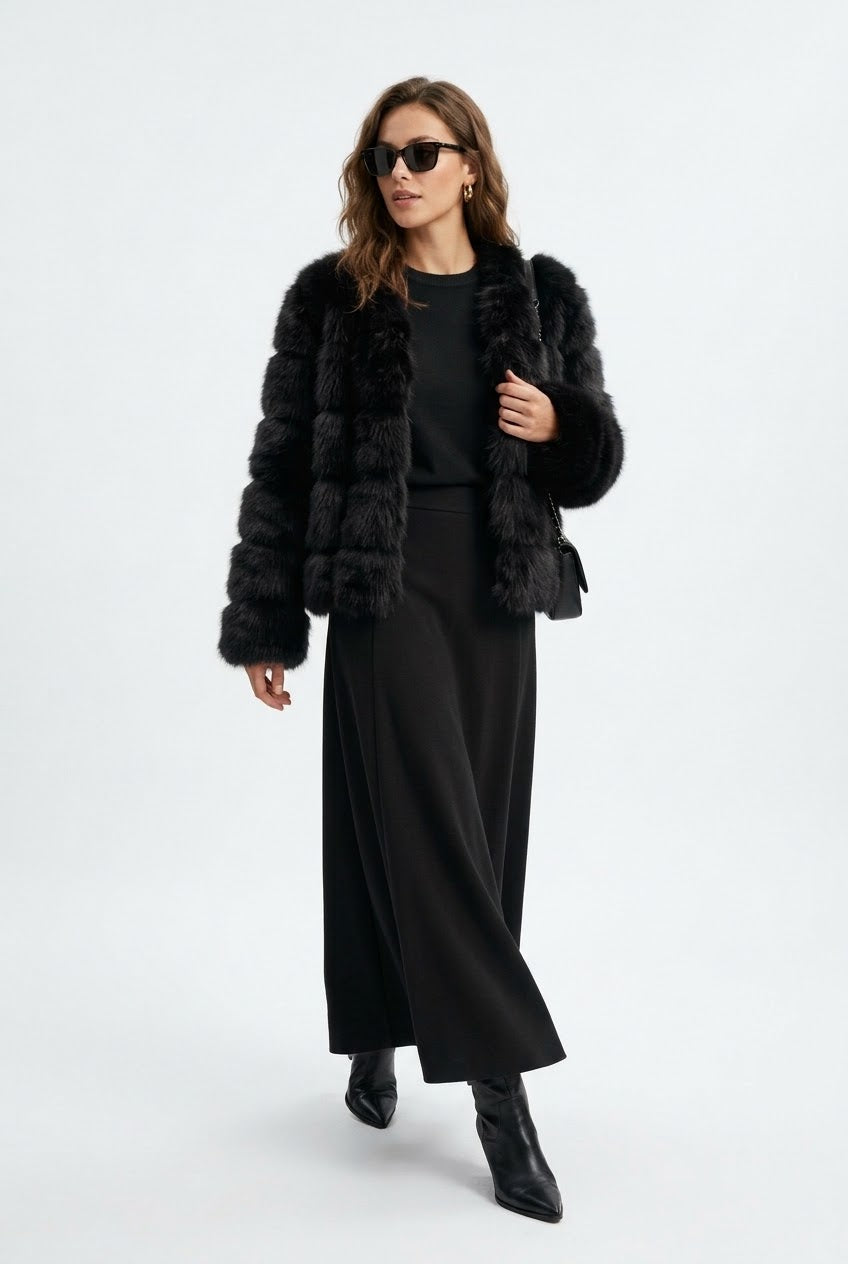 Faux Fur Coat, Knit Top and Maxi Skirt
