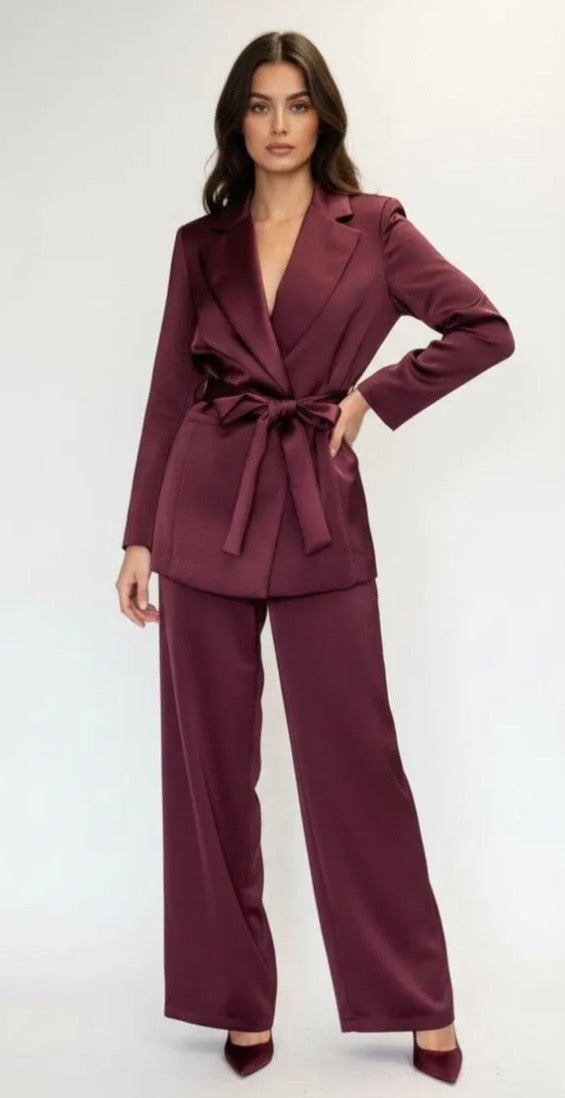 Satin Belted Blazer Suit