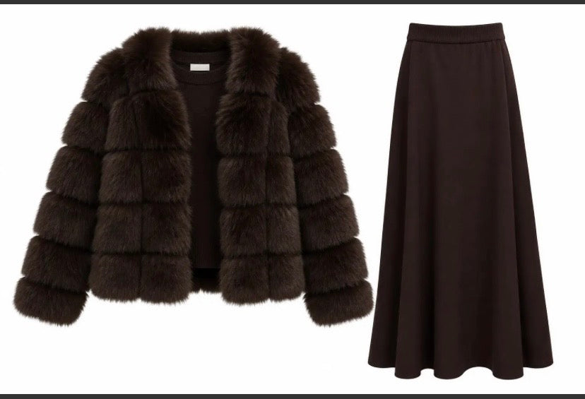 Faux Fur Coat, Knit Top and Maxi Skirt