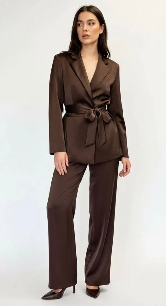 Satin Belted Blazer Suit