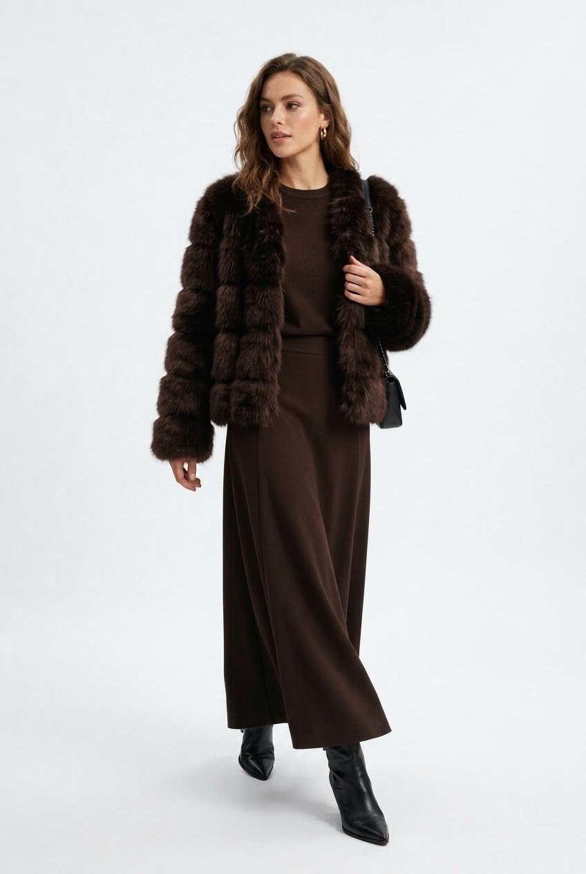 Faux Fur Coat, Knit Top and Maxi Skirt