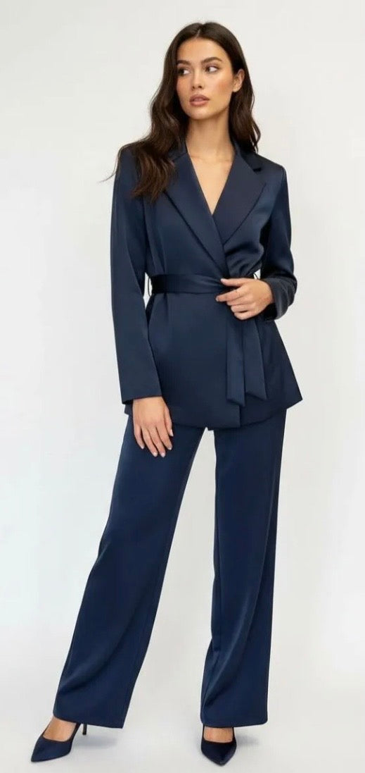 Satin Belted Blazer Suit