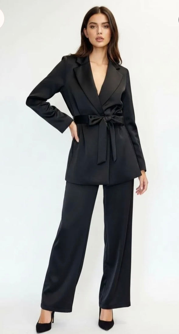 Satin Belted Blazer Suit